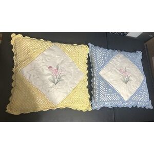 2-PC Vintage Crocheted Embroidered Handmade Pillows Flower Design Blue & Yellow